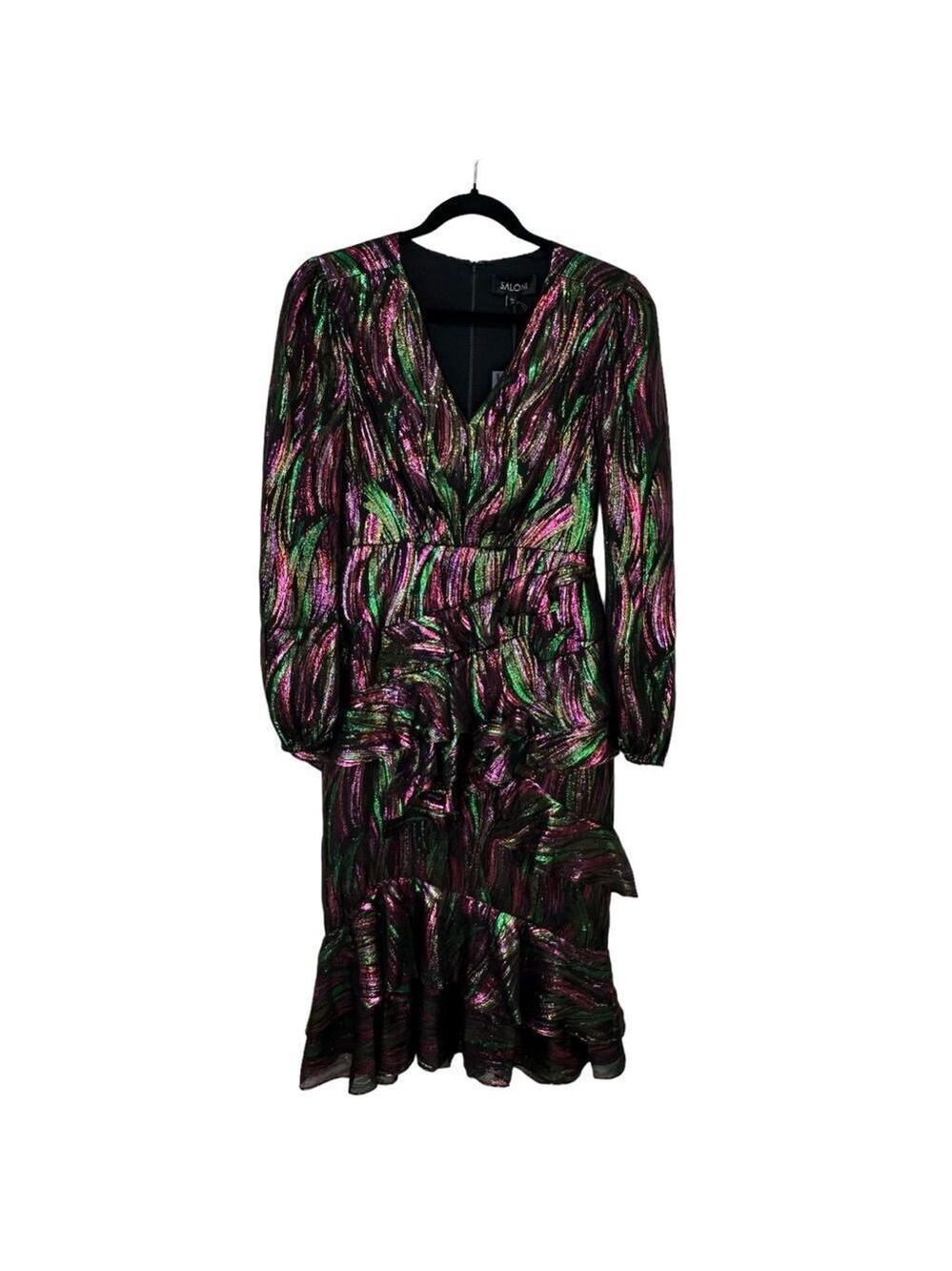 NEW Saloni Alya Black Rainbow Oilspill Silk Metallic Midi Dress Size 4 - Picture 9 of 16